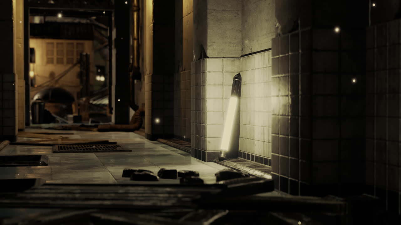 Urban alleyway illuminated at night showcasing unique lighting and textures