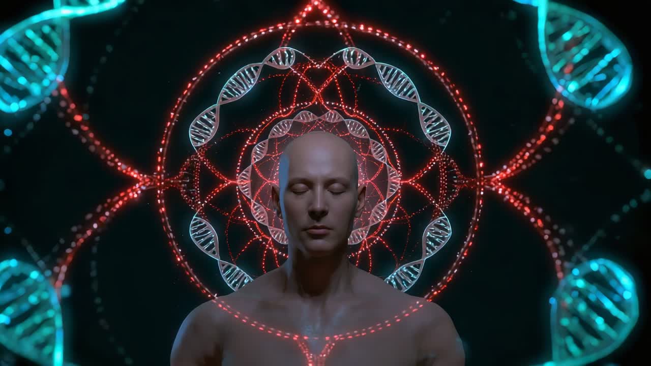 Uomo a petto nudo in piedi che chiude gli occhi in studio con visualizzazioni a elica che iniziano, formando un mandala per la calma