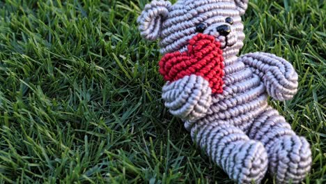 grey teddy bear with red heart in grass