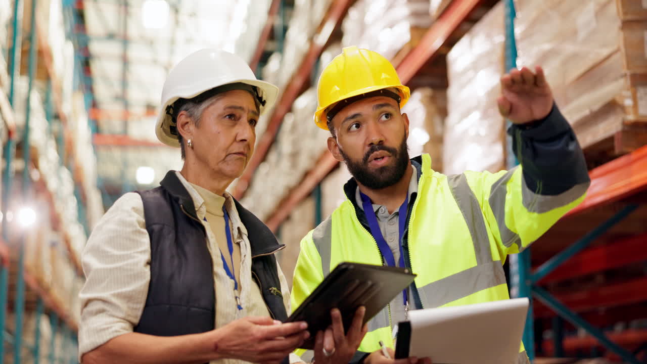 trabajadores del almacén discutiendo el inventario