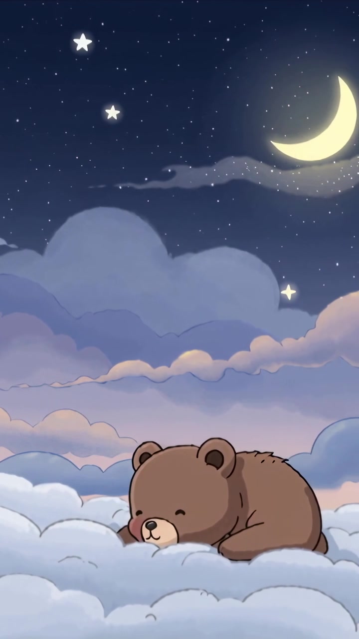 Vertical video: Panning to large bear sleeping on clouds for rest with small bear, moon and stars
