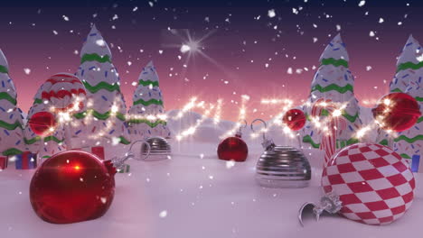 animación de los saludos de la temporada de navidad sobre un paisaje de invierno con nieve y decoraciones navideñas