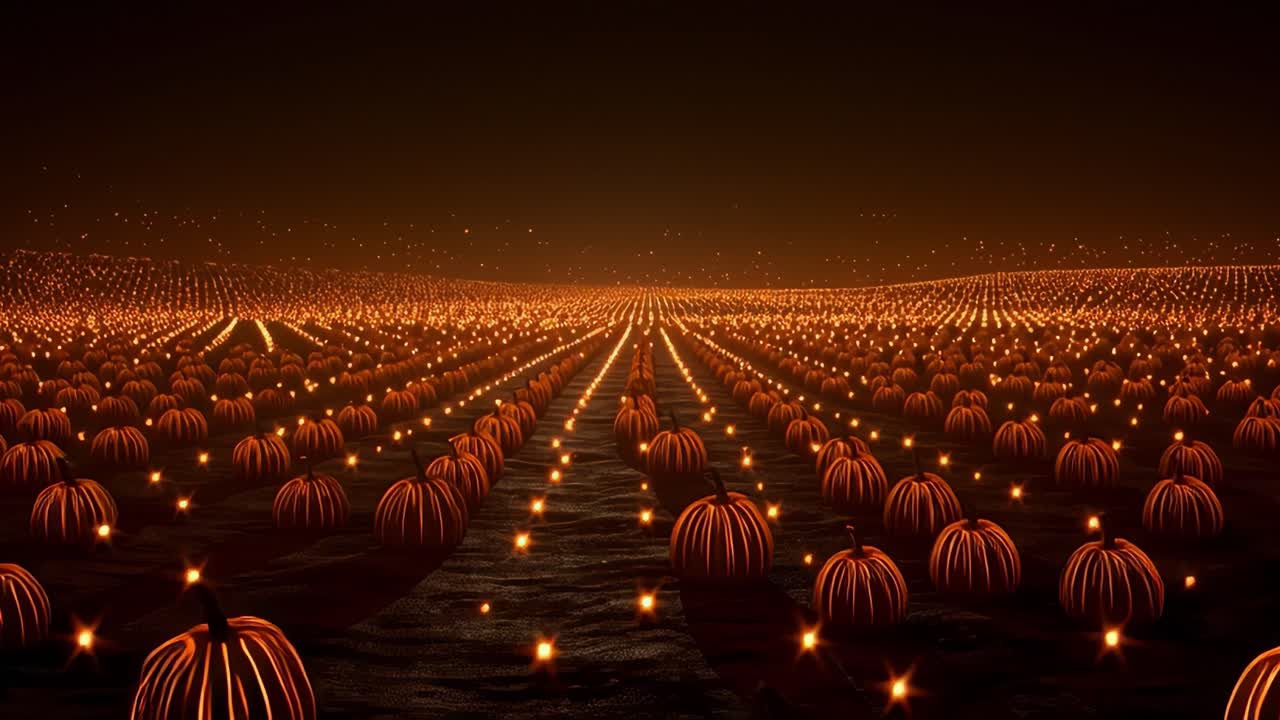 A Mesmerizing Panorama of Glowing Pumpkins Under a Starry Night Sky, Capturing the Enchantment of a Dreamlike Landscape Illuminated by Twinkling Lights