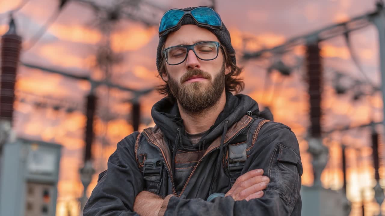 En dyktig elektriker står selvsikkert foran en elektrisk transformatorstasjon ved solnedgang, og viser frem ekspertise og lidenskap for faget