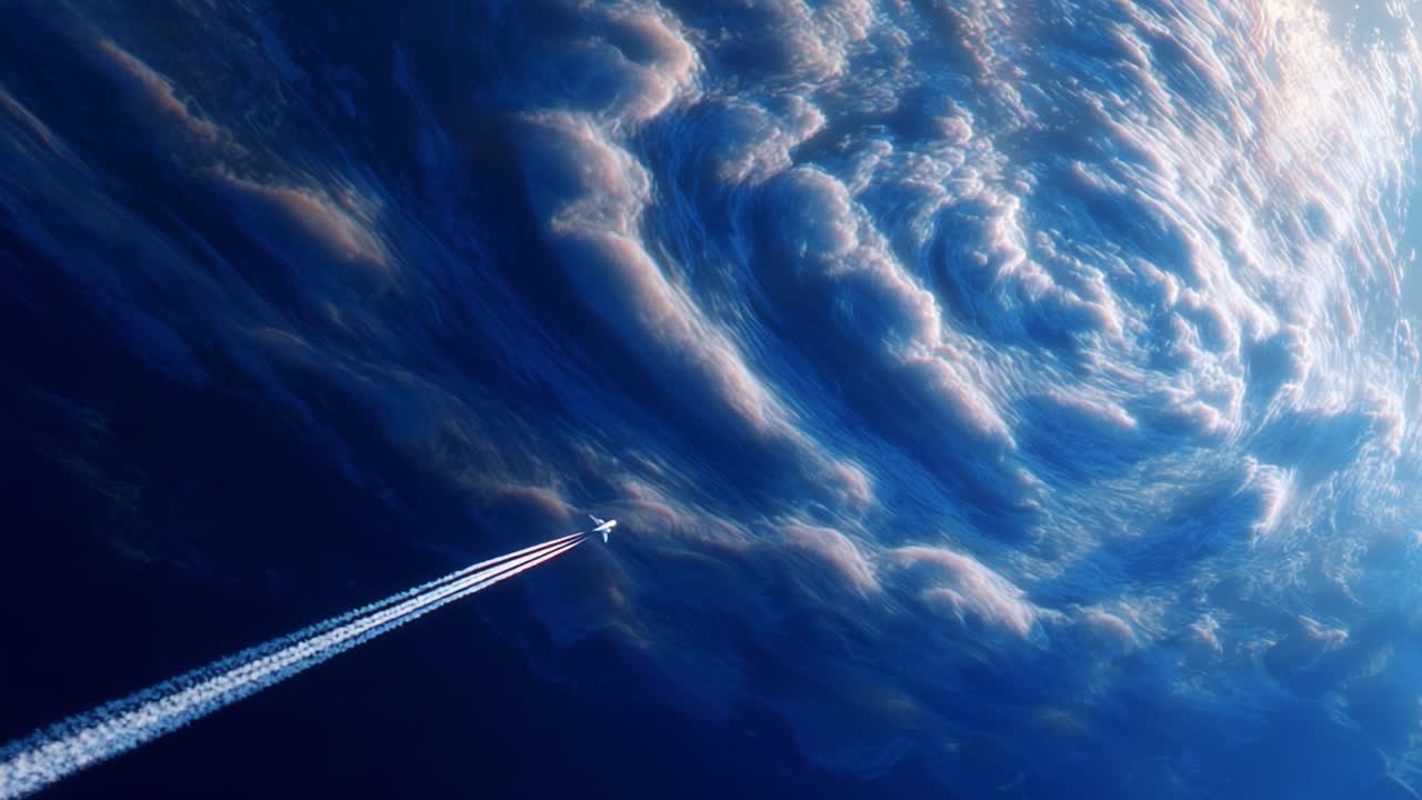 An airplane ascends through dynamic, swirling clouds, creating striking contrails against a vibrant blue sky, evoking a sense of freedom and exploration in the vast atmosphere