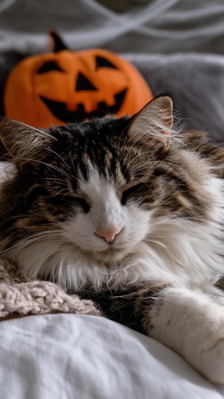 Mysig katt som sover bredvid en Halloweenpumpa: Ett fridfullt ögonblick fångat i höststämning med en lurvig följeslagare som vilar bekvämt