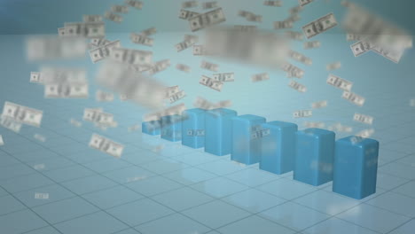 bar chart growing with animated banknotes flying away