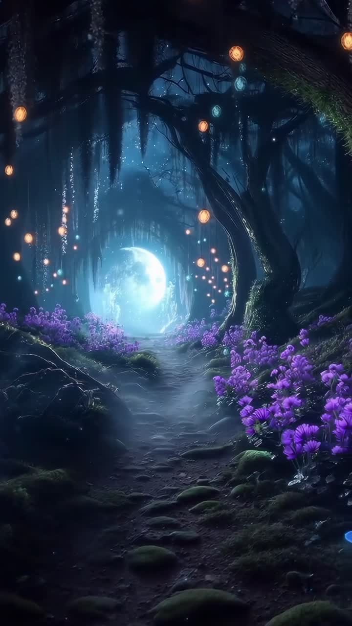 Sentiero incantevole nella foresta con sfere luminose e fiori, atmosfera illuminata dalla luna, stile video grandangolare