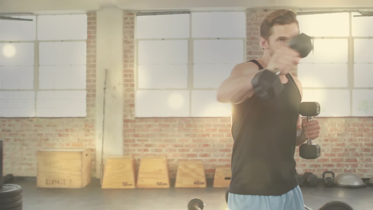 Pair starting gym strength set, alternating hex dumbbell punches, with animated rep counter syncing