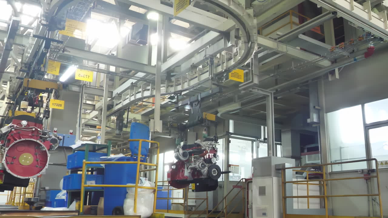 Industrial workshop modern diesel Engine production of powerful heavy duty truck engine being assembled on a production line in spacious car manufacturing plant well-lit automotive factory