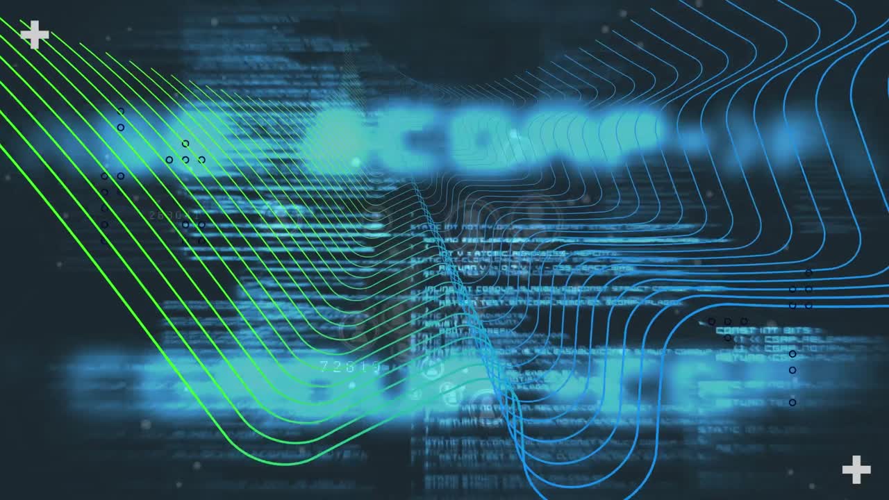 animación de formas abstractas, procesamiento de datos e íconos de perfiles flotando contra un fondo azul.