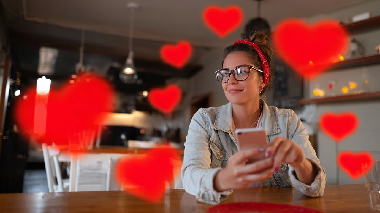 Young woman enjoying her phone in a cafe. A young woman sits in a cozy cafe, smiling at her phone with heart emojis floating around her, enjoying a moment of joy