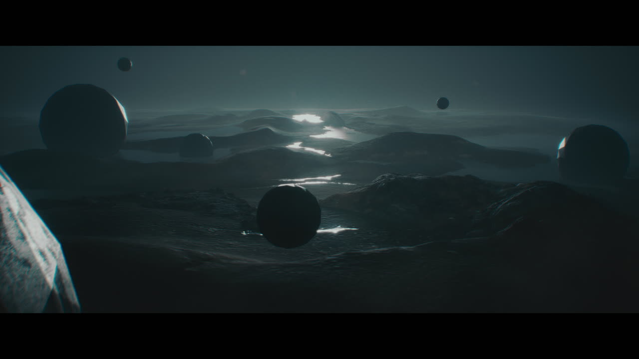 Alien planet desert landscape at night with strange sphere-shaped buildings