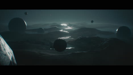 alien planet desert landscape at night with strange sphere-shaped buildings