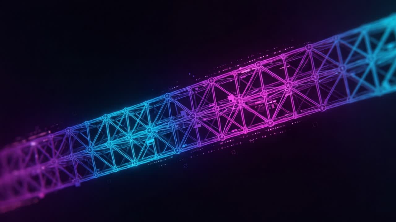 Abstract Visual Representation of a Colorful Geometric Structure with Interconnected Nodes and a Gradient Background in Vibrant Blue and Purple Tones