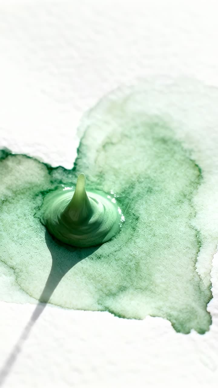 Video verticale: goccia verde lucida che si diffonde su carta da acquerello, rivelando il puntale e il lavaggio