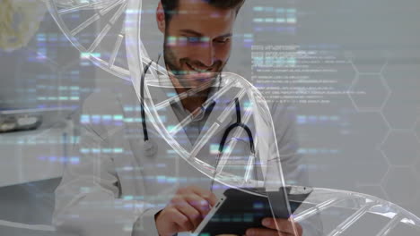 doctor using tablet with dna strand and data processing animation overlay