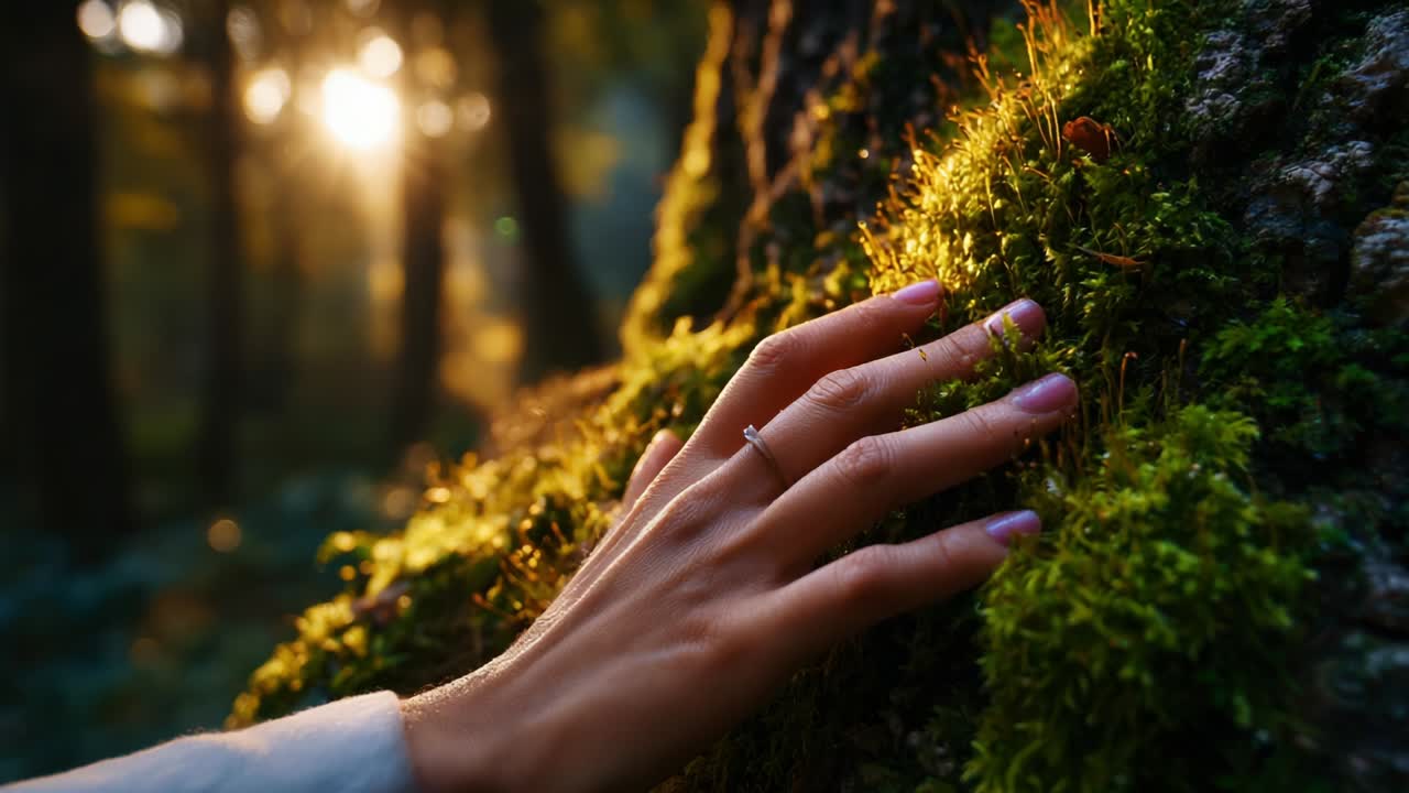 A Serene Moment Captured in Nature: The Gentle Touch of a Hand Against Vibrant Moss on a Tree as Sunlight Filters Through the Forest, Creating a Tranquil and Rejuvenating Atmosphere of Peace and Connection