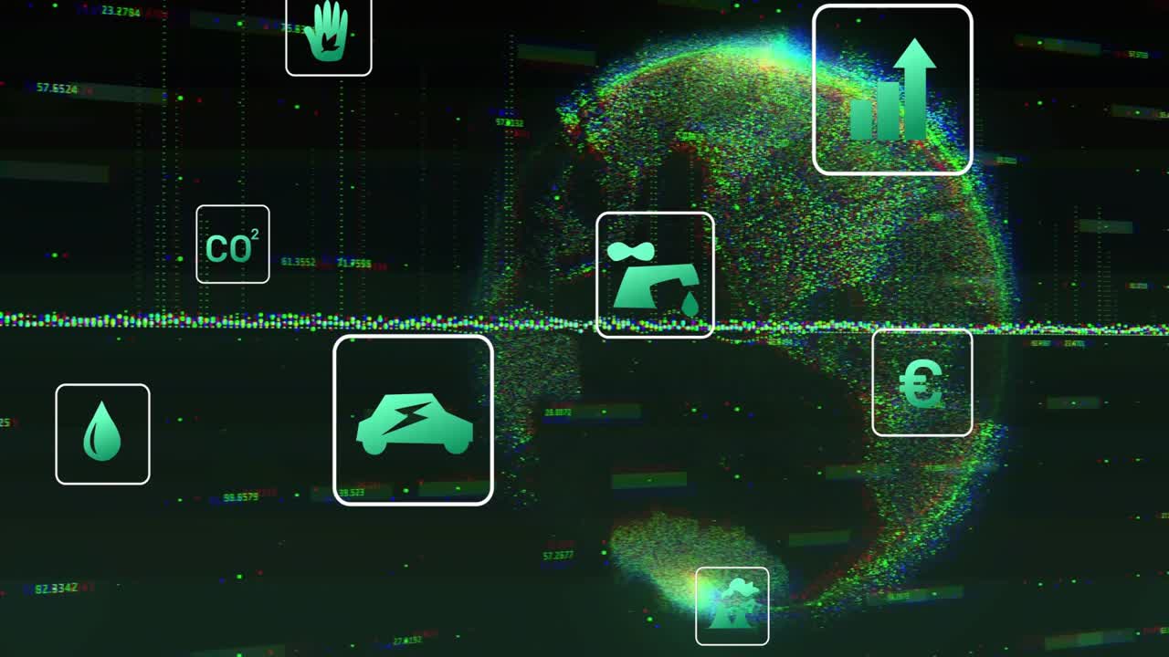 Left-side icon influx initiating data update, particle globe rotating, icons pulsing and aligning