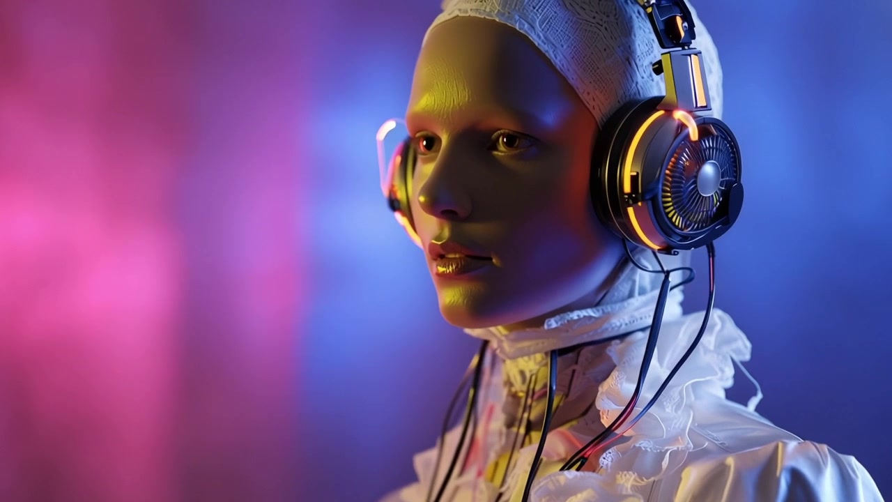 Donna cyborg con cuffie e fili sotto la luce al neon