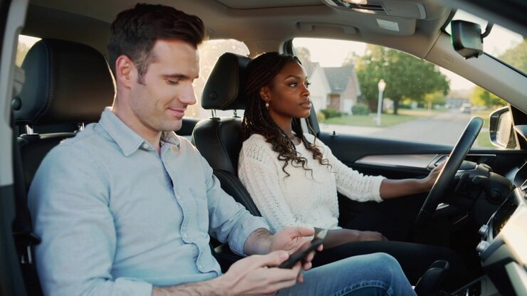 Uomo che usa lo smartphone, toccando e scorrendo, in un'auto parcheggiata, mentre la donna osserva la strada e tiene il volante.
