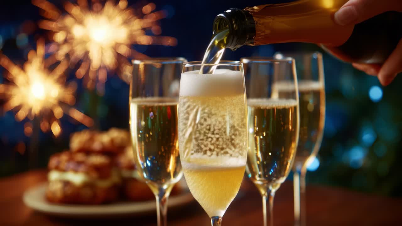 Celebratory Moments: A Hand Pours Sparkling Champagne into a Glass as Fireworks Light Up the Night Sky, Capturing the Essence of Joyous Occasions with Friends and Festivities Awaiting at a Table