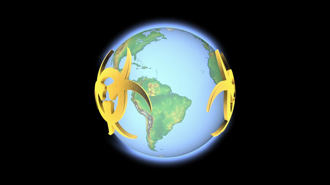 planeta tierra rodeado por un símbolo de infección y amenaza biológica.
