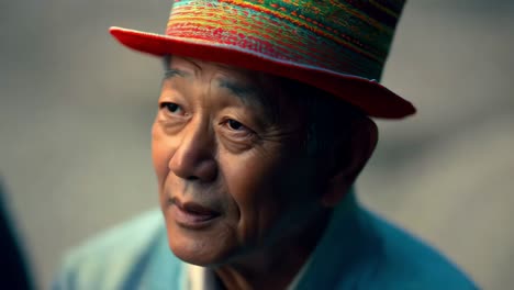 retrato de un hombre mayor con un sombrero de colores