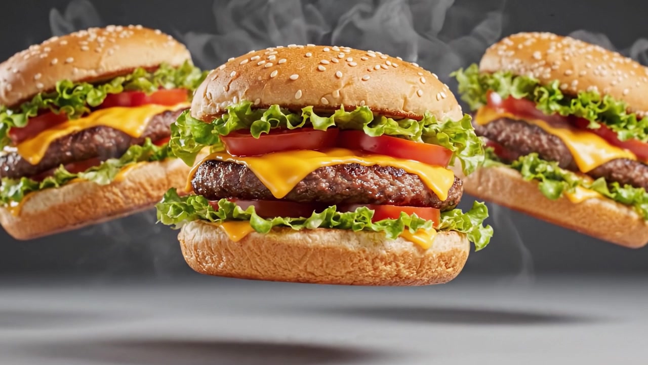 Deliziosi cheeseburger appena fatti sospesi a mezz'aria con strati stuzzicanti di lattuga, pomodoro e formaggio fuso su un panino al sesamo, perfetti per ogni pasto.