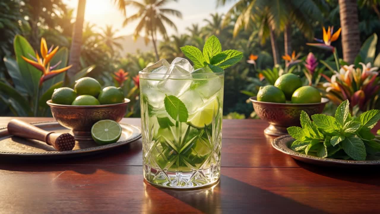 Virkistävä mojito-drinkki limelohkojen, mintunlehtien ja jääpalojen kera ulkona trooppisten palmujen taustalla.