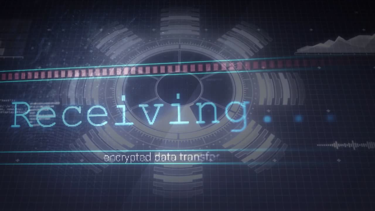 Circular HUD animating while Receiving secure text appearing, teal band filling and red scan moving