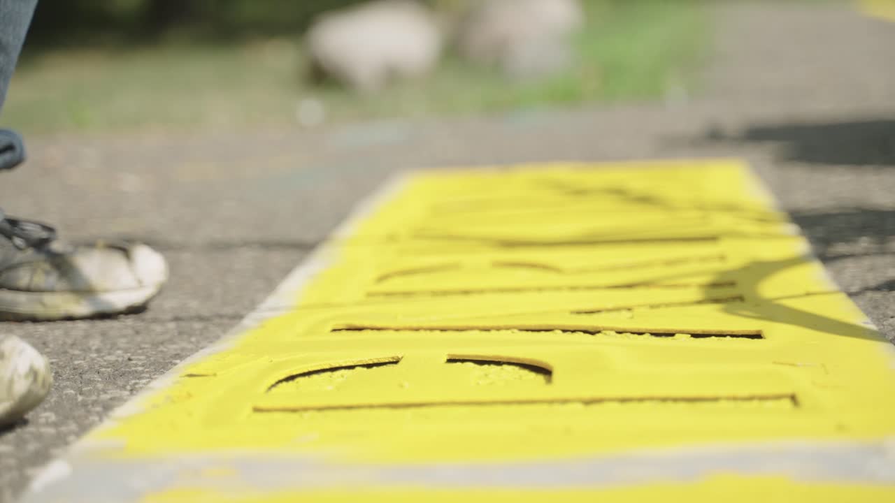 Construction worker spray painting parking lot road sign over stencil cutout