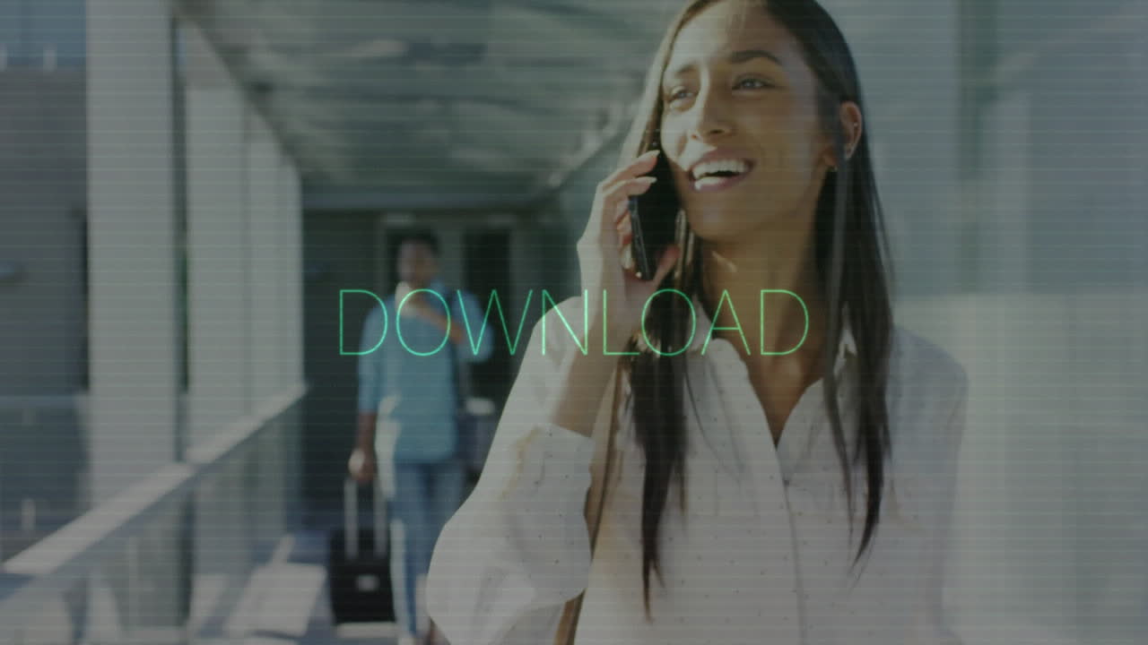 traveler talking on smartphone and pulling suitcase in airport showing animated travel data charts