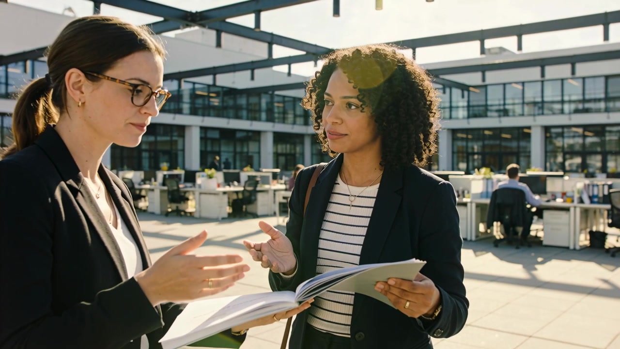Examining binder, two women reviewing documents in office courtyard for work, business attire