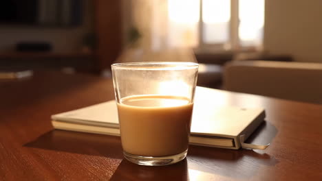 A glass of tea on a table with a notebook