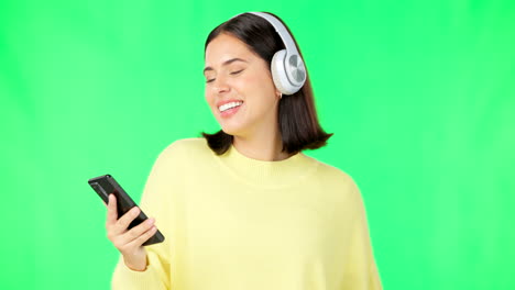 happy woman, phone and dancing with headphones