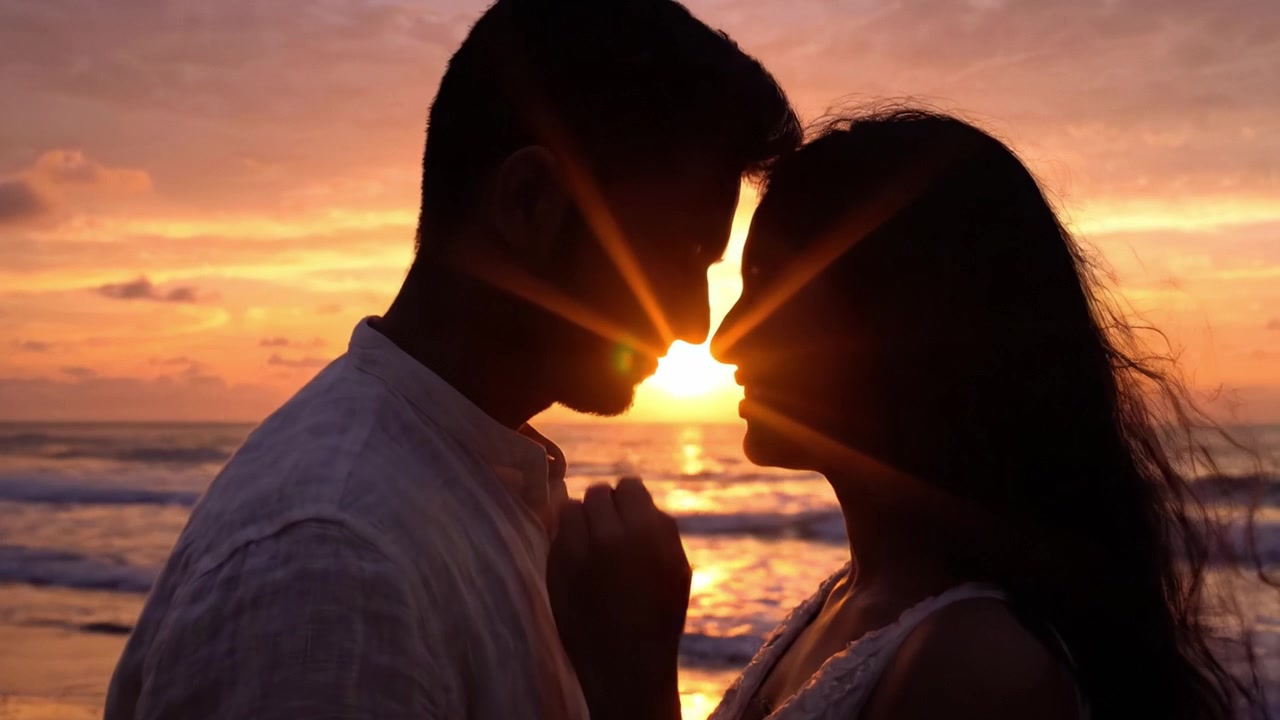 Un incontro romantico al tramonto sulla spiaggia: momenti intimi d'amore catturati in silhouette contro un orizzonte vibrante e onde delicate