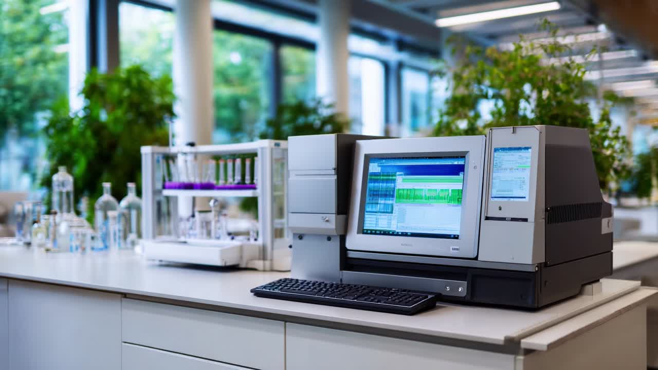 A Modern Laboratory Setting Featuring Advanced Analytical Equipment with an Automated Sample Injector and Display Monitor, Highlighting the Integration of Technology in Scientific Research and Analysis