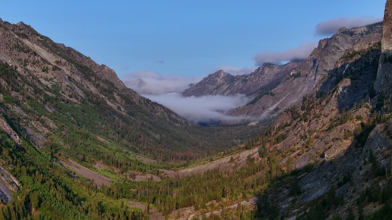 Vista aerea del Blodgett Canyon, Montana, con nebbia che si diffonde nella valle boscosa e tra le cime rocciose, con movimento verso destra.