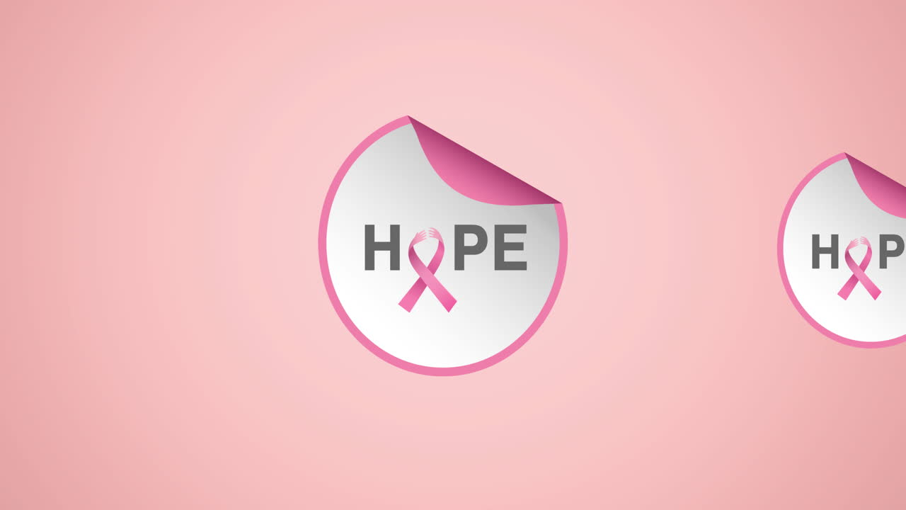 분홍색 배경에 나타나는 다중 분홍색 리본 로고와 희망 텍스트의 애니메이션