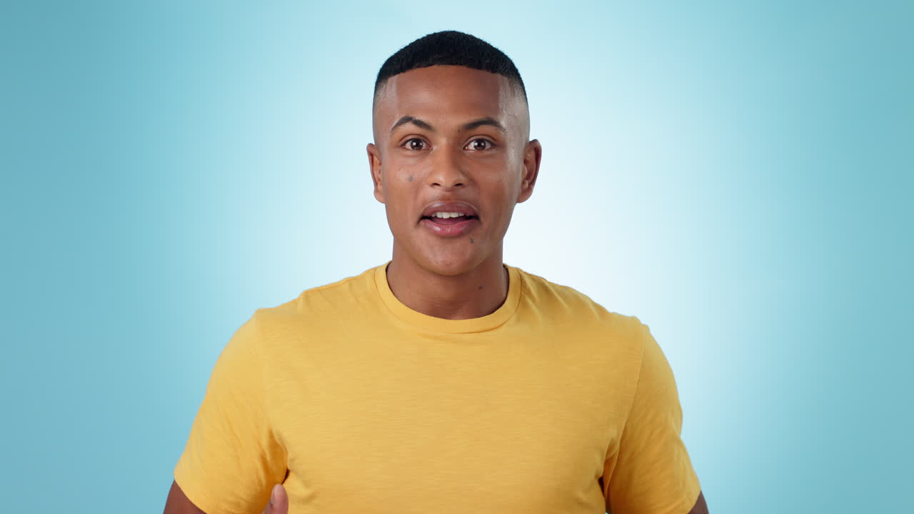 Wow, happy and face of man on a blue background