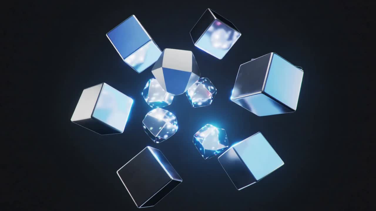 Rotating metallic cubes orbiting faceted gems in dark void, pulsing gems shifting blue to pink