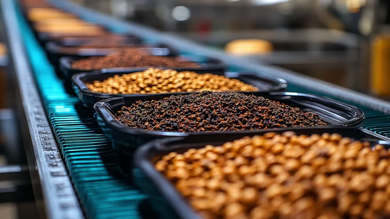 Nuts on a conveyor belt in a food processing plant