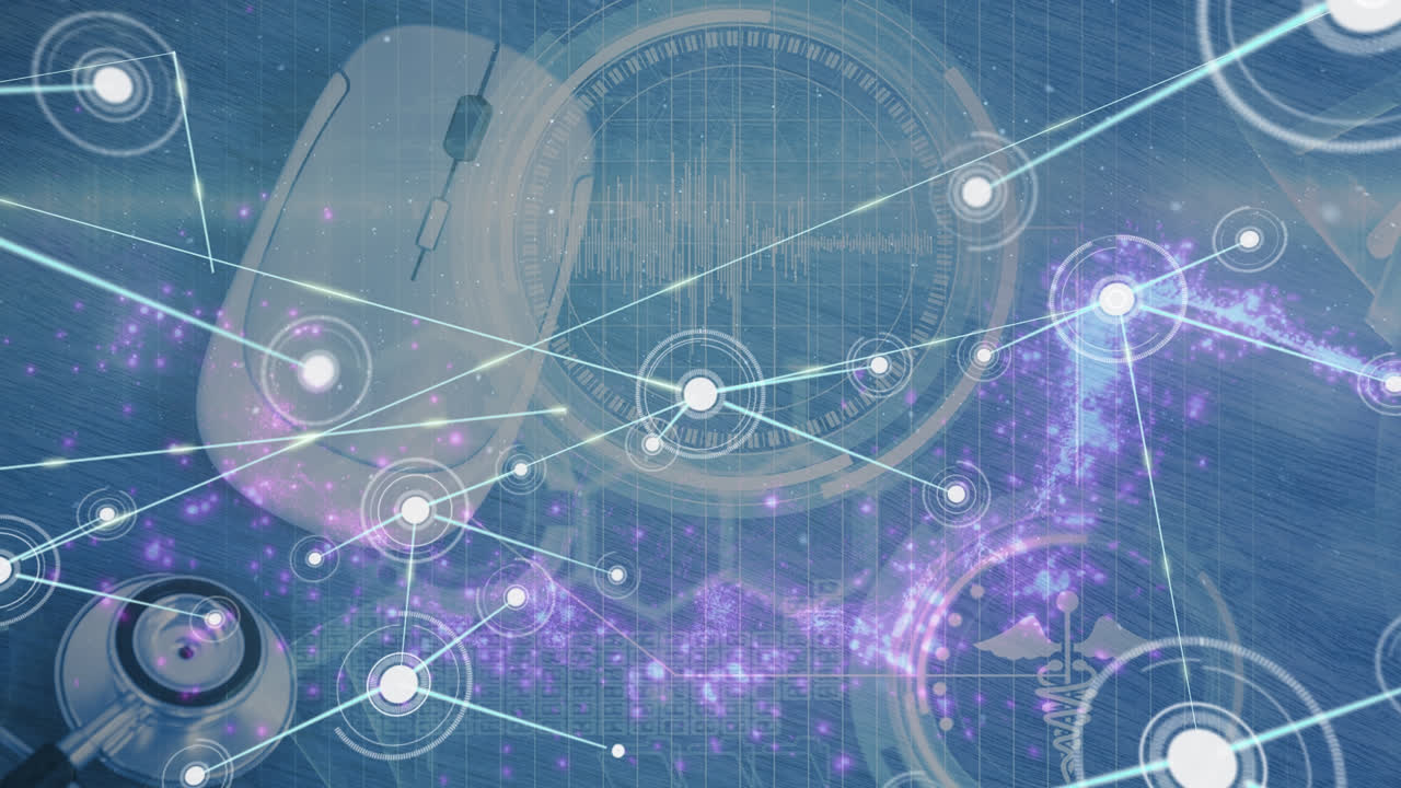 마우스와 스테토스코프로 의사의 책상 위에 아이콘으로 연결된 네트워크의 애니메이션