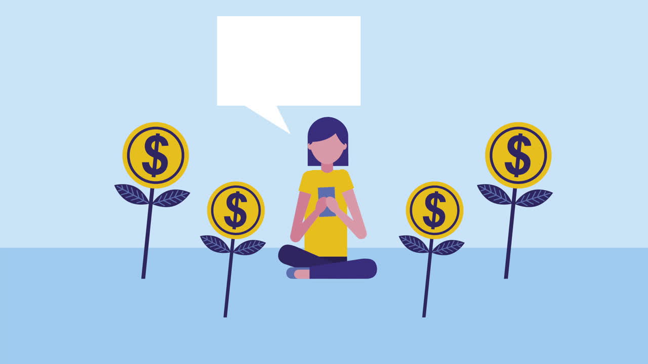 동전, 돈, 달러, 애니메이션을 가진 젊은 여성