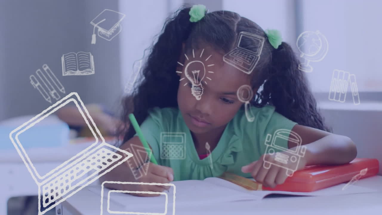 animación de iconos de artículos escolares sobre estudiantes diversos y felices en el aula