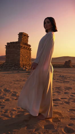 woman in beige dress at sunset in desert ruins