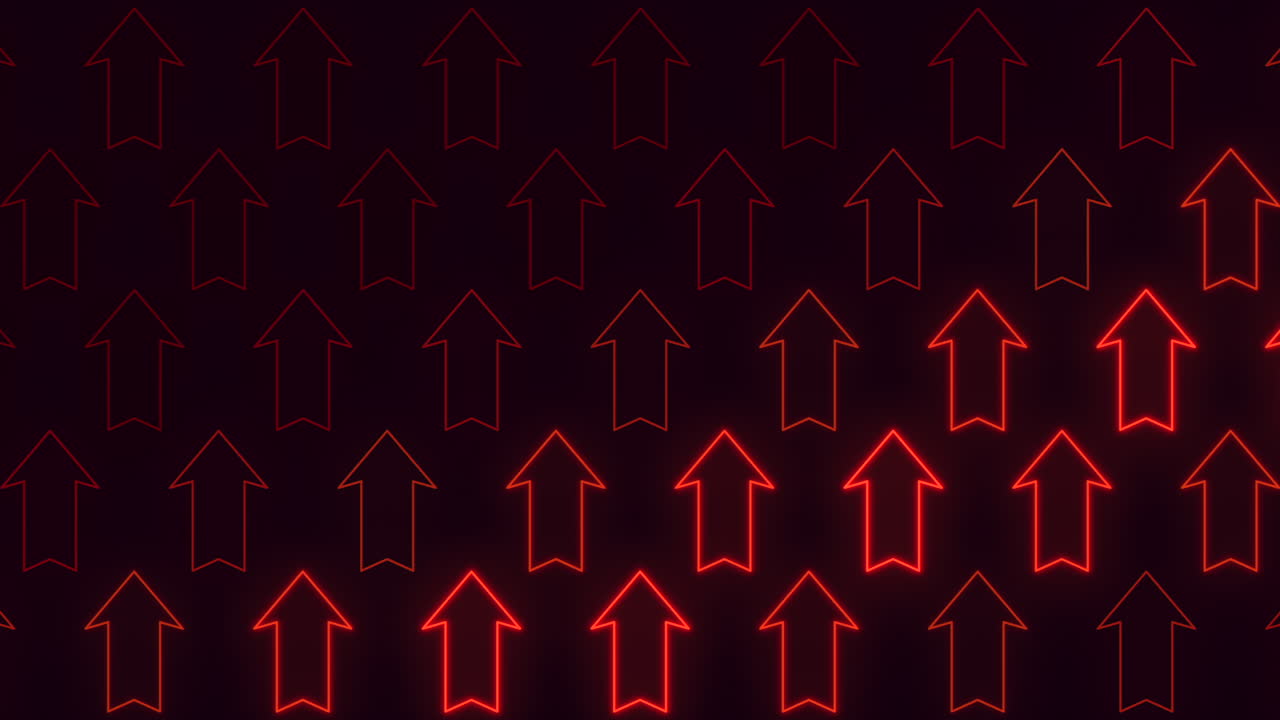 Bold pattern of arrows in red lines on a black backdrop, each arrow pointing in a different direction, forming a captivating and dynamic visual composition