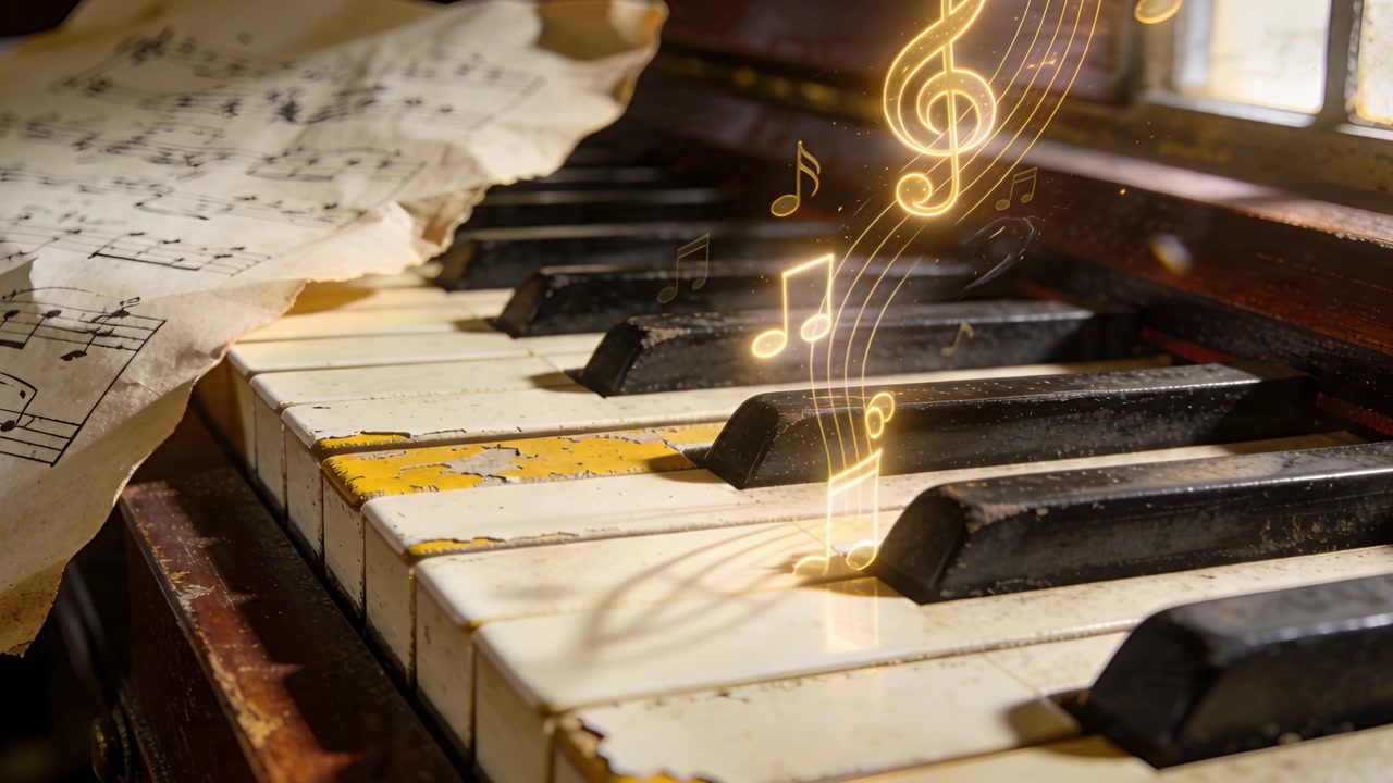 Appearing clef sparking animated notes rising above upright keys near window with crumpled score