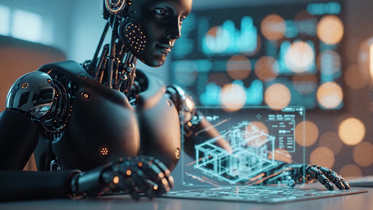 A futuristic robot interacts with advanced holographic technology and digital blueprints, showcasing the integration of AI and design in a modern workspace.